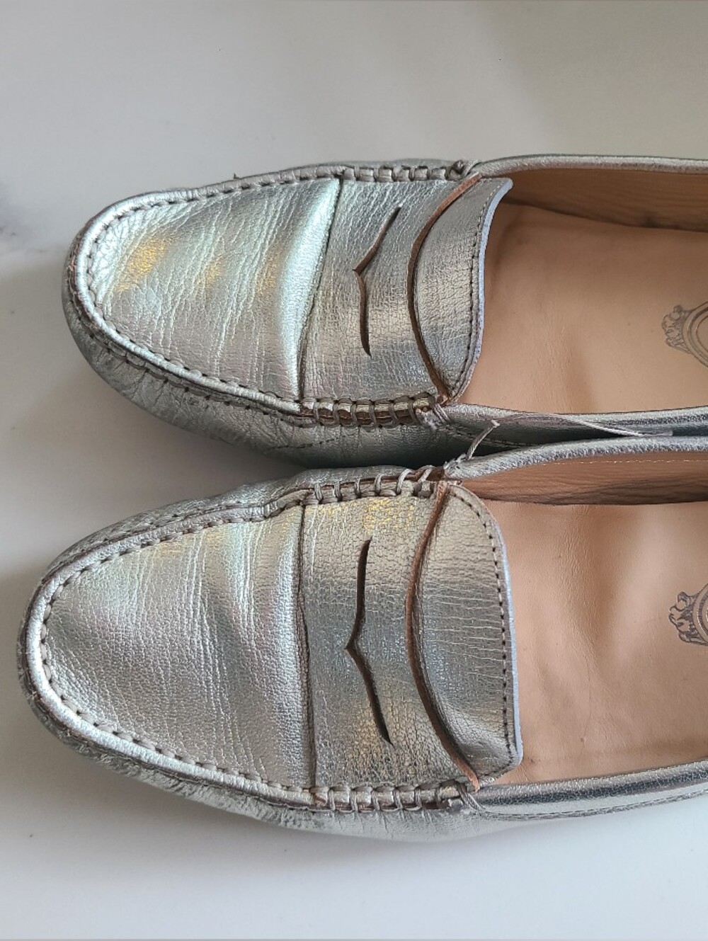 TOD'S Metallic Silver Penny Loafers women 39.5 8.5